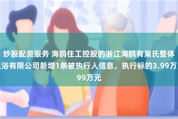 炒股配资服务 海鸥住工控股的浙江海鸥有巢氏整体卫浴有限公司新增1条被执行人信息，执行标的3.99万元